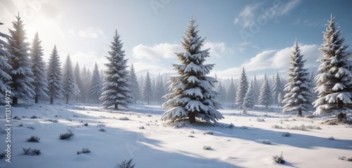 Frosty landscape with snow-covered trees and a Christmas tree in the center, festive decorations, winter scene, evergreen trees