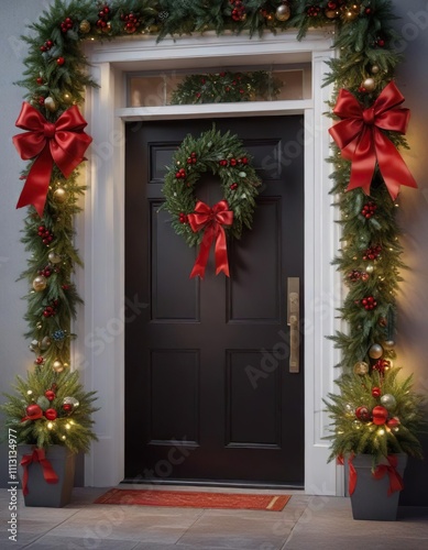 A stunning Christmas decoration on the front door featuring a combination of greenery, baubles, and a large red ribbon bow, christmas wreath front door, greenery arrangement