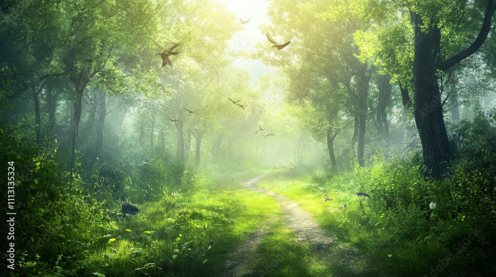 Serene forest path bathed in soft sunlight. Serene forest path bathed in soft sunlight.