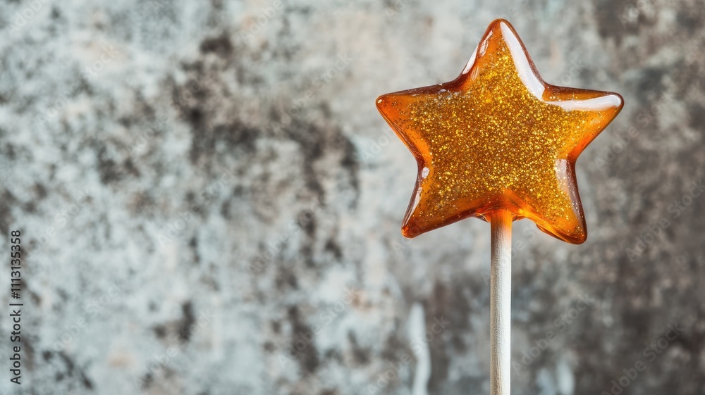 Sparkling star-shaped lollipop with caramel coloring against textured background Sparkling star-shaped lollipop with caramel coloring against textured background
