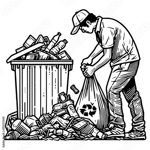 Homeless man searching for empty bottles in trash can. Living in streets concept, generative ai.