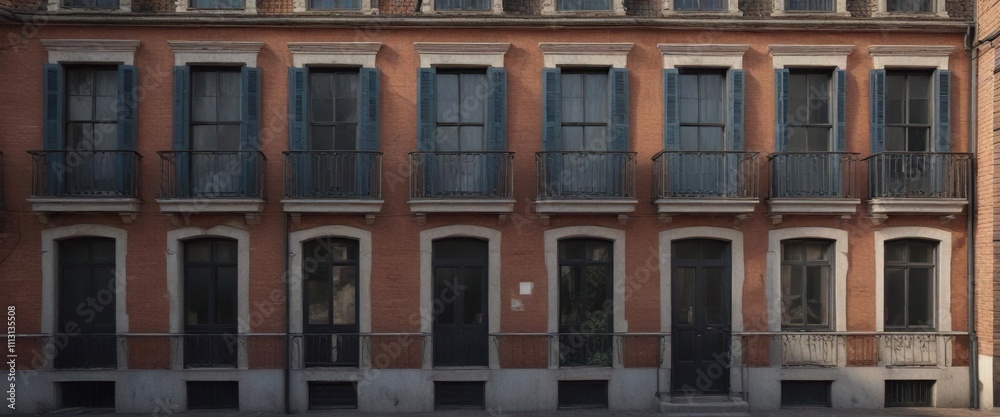 Obraz premium Old townhouse with numerous windows and shutters, brick walls, old townhouse