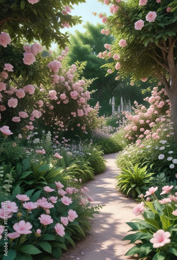 Pastel pink garden with blooming flowers and lush green leaves, blossoms, botanical garden Pastel pink garden with blooming flowers and lush green leaves, blossoms, botanical garden