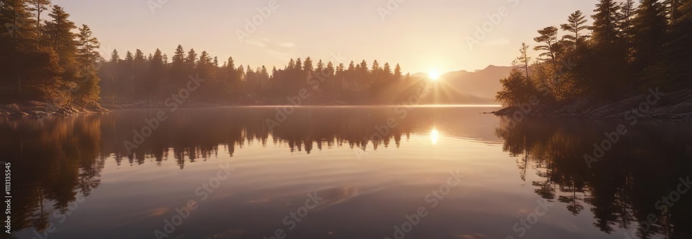 Fototapeta premium Soft focus image of a serene lake with the sun rising in the background, casting a warm and cozy glow, warm light, nature scene