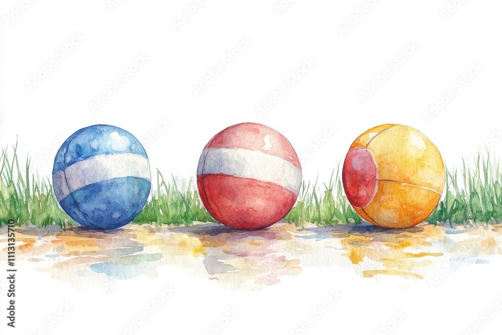 Obraz premium Three colorful balls on a grassy surface, showcasing a playful and vibrant scene.