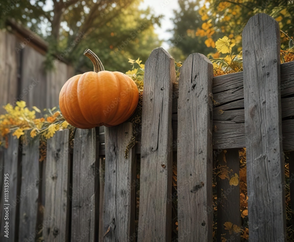 Fototapeta premium Ripe pumpkin sprawling down a weathered wooden fence, outdoor, vines, leafy branches