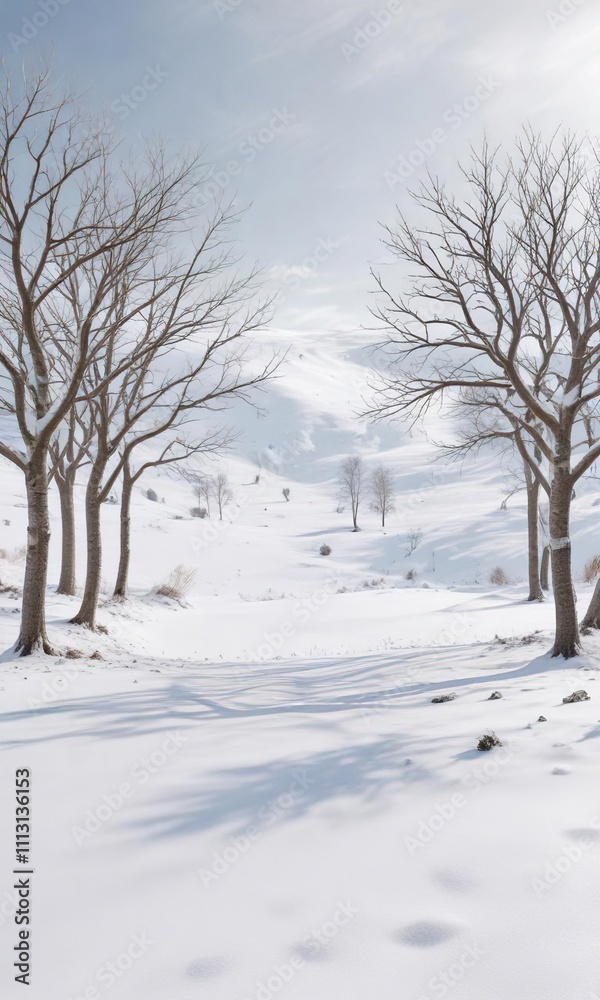 Snow-covered hill with bare trees in a vast white landscape, quiet solitude, treeless hill, wintry scene Snow-covered hill with bare trees in a vast white landscape, quiet solitude, treeless hill, wintry scene