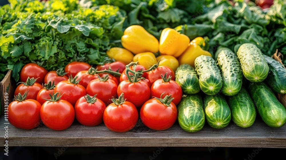 Fresh Organic Vegetables Displayed at a Farmers Market Stall with Tomatoes, Peppers, and Cucumbers