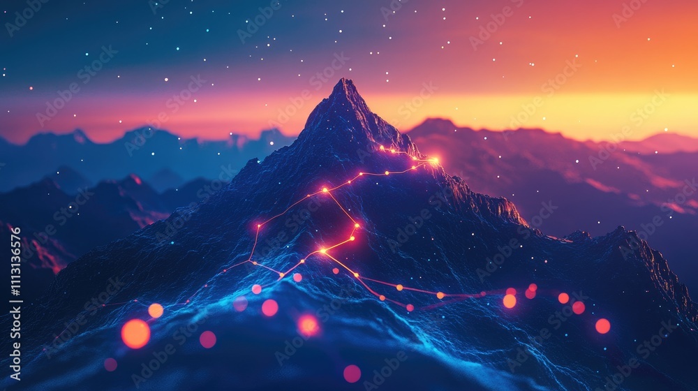 Fototapeta premium Glowing constellation path winds up a majestic mountain peak under a starry twilight sky.