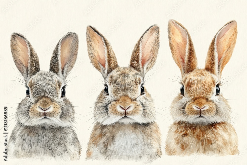 Three illustrated rabbits in varying colors, showcasing their distinct features and expressions. Three illustrated rabbits in varying colors, showcasing their distinct features and expressions.
