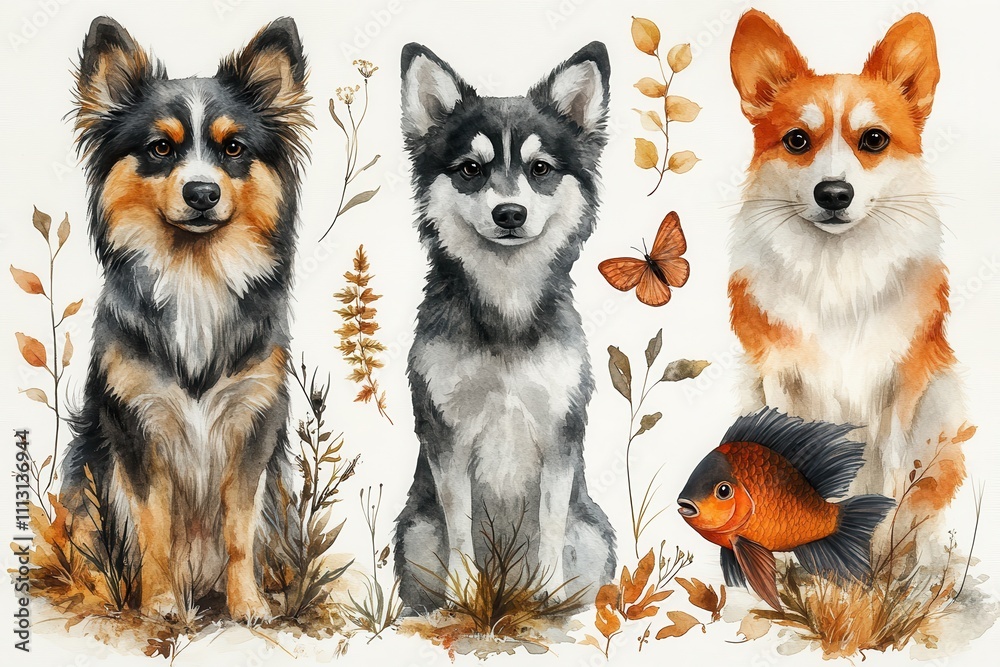 Three illustrated dogs surrounded by autumn leaves and a fish. Three illustrated dogs surrounded by autumn leaves and a fish.