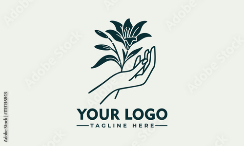 Hand holding lily flower vector logo, symbolizing grace and beauty. Invokes feelings of peace, tranquility, and nature. Ideal for floral designs and wellness concepts