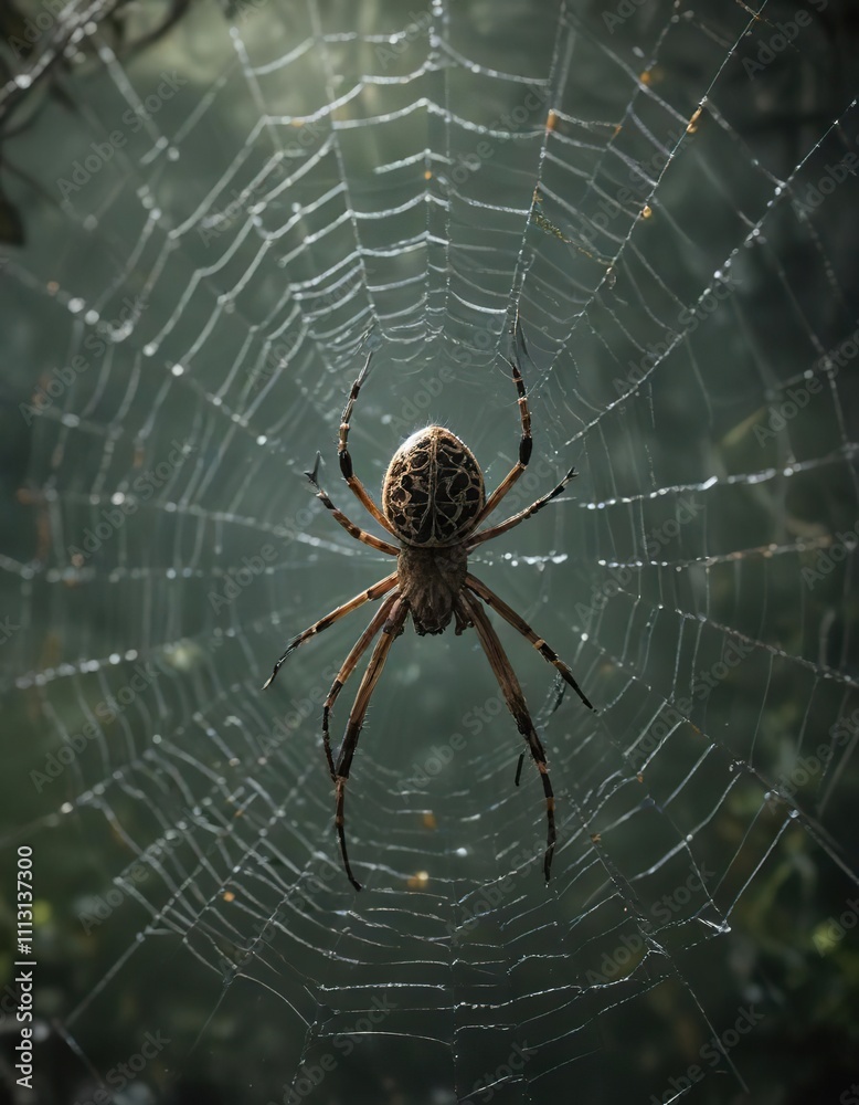 A large spider in the center of a circular web, still life, symmetry, arachnid A large spider in the center of a circular web, still life, symmetry, arachnid