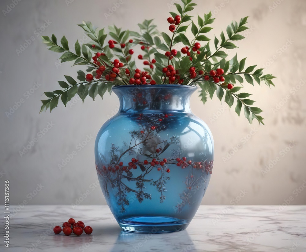 Icy blue glass vase filled with holly branches and red berries, red berries, frosty colors, snowy scene Icy blue glass vase filled with holly branches and red berries, red berries, frosty colors, snowy scene