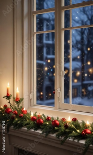 Holiday decorations and lights on a windowsill or mantelpiece   sparkling lights 