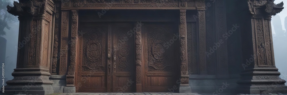 Fog-shrouded temple entrance with intricately carved wooden doors, atmospheric lighting, wooden accents, ancient temple door Fog-shrouded temple entrance with intricately carved wooden doors, atmospheric lighting, wooden accents, ancient temple door