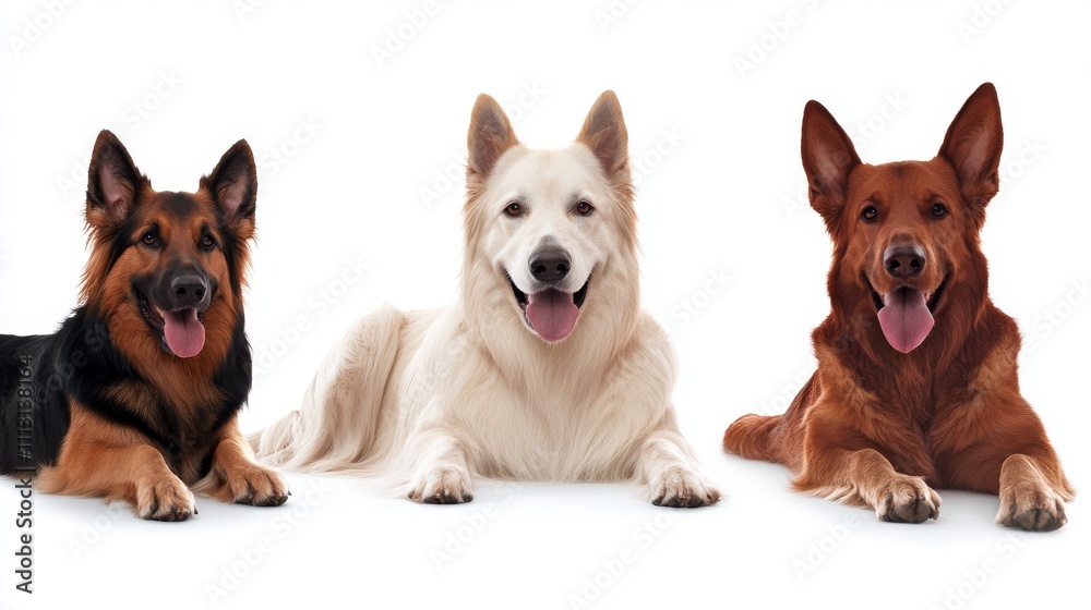 Fototapeta premium Three friendly dogs laying down happily.
