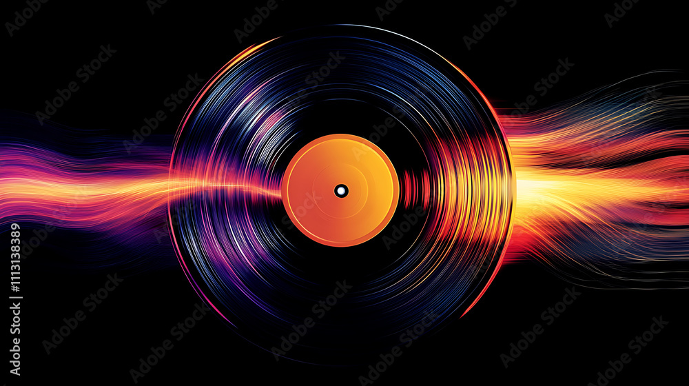 Vibrant vinyl record with fiery, swirling energy trails. Vibrant vinyl record with fiery, swirling energy trails.