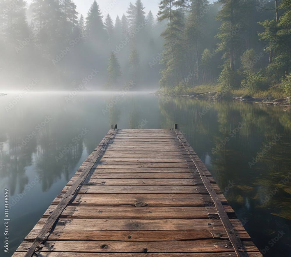 Misty morning on a forest lake with a wooden pier, dawn, mist, tranquil, early morning Misty morning on a forest lake with a wooden pier, dawn, mist, tranquil, early morning