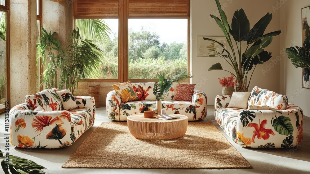 Fototapeta premium Tropical living room with floral patterned sofas, large windows, and plants.