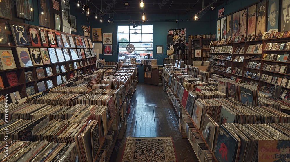 Extensive Collection of Vinyl Records and Books in a Well-Stocked Record Store Extensive Collection of Vinyl Records and Books in a Well-Stocked Record Store