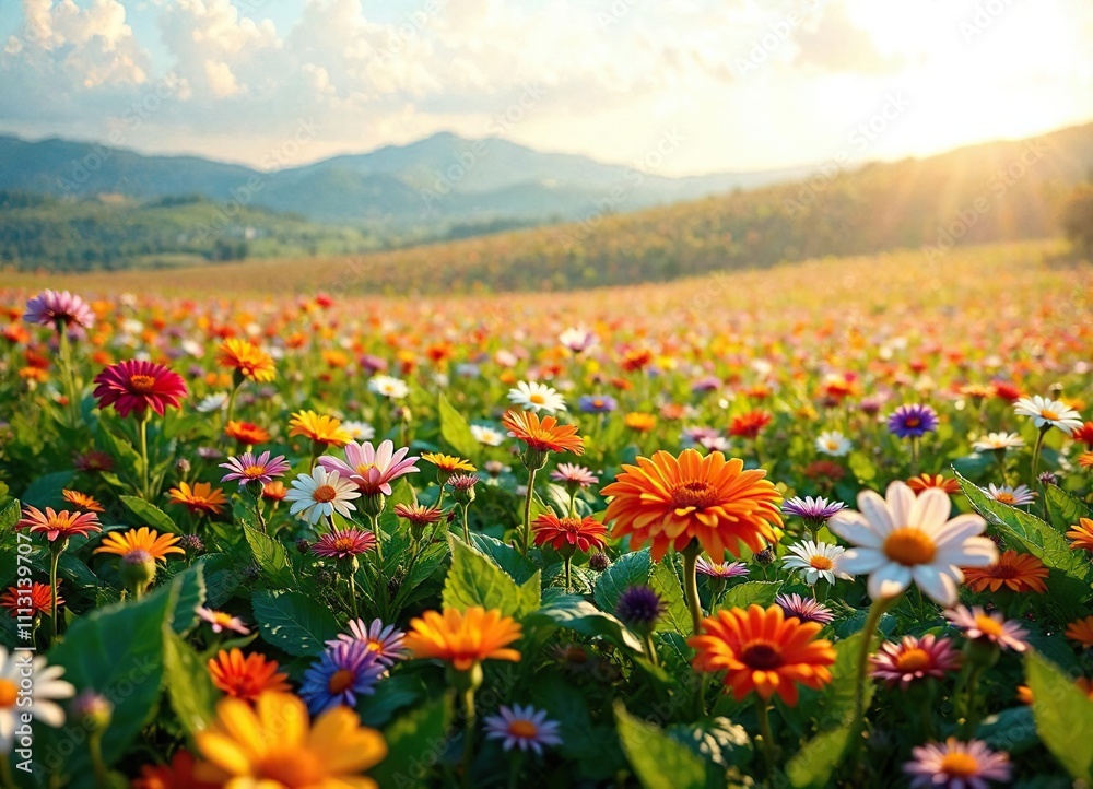 Fototapeta premium Panoramic View of Colorful Flowers in a Green Leaf Field with Warm Light , landscape, panoramic view
