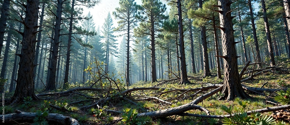 Fototapeta premium pine trunks and branches tangled in a forest clearing, rustic landscape, leaf litter, autumn foliage