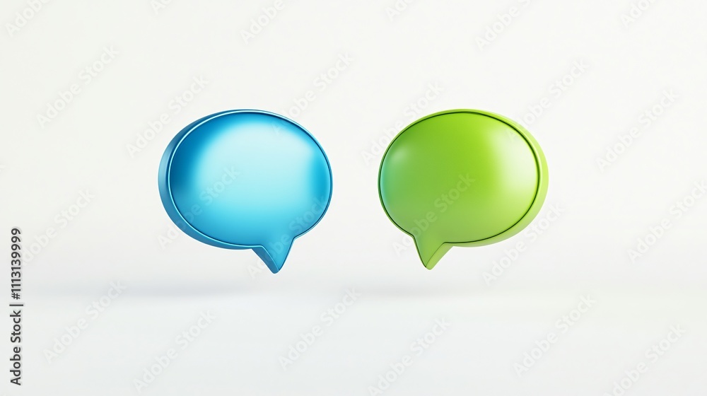3D-Rendered Blue and Green Speech Bubbles with Subtle Shadows on White Background 3D-Rendered Blue and Green Speech Bubbles with Subtle Shadows on White Background