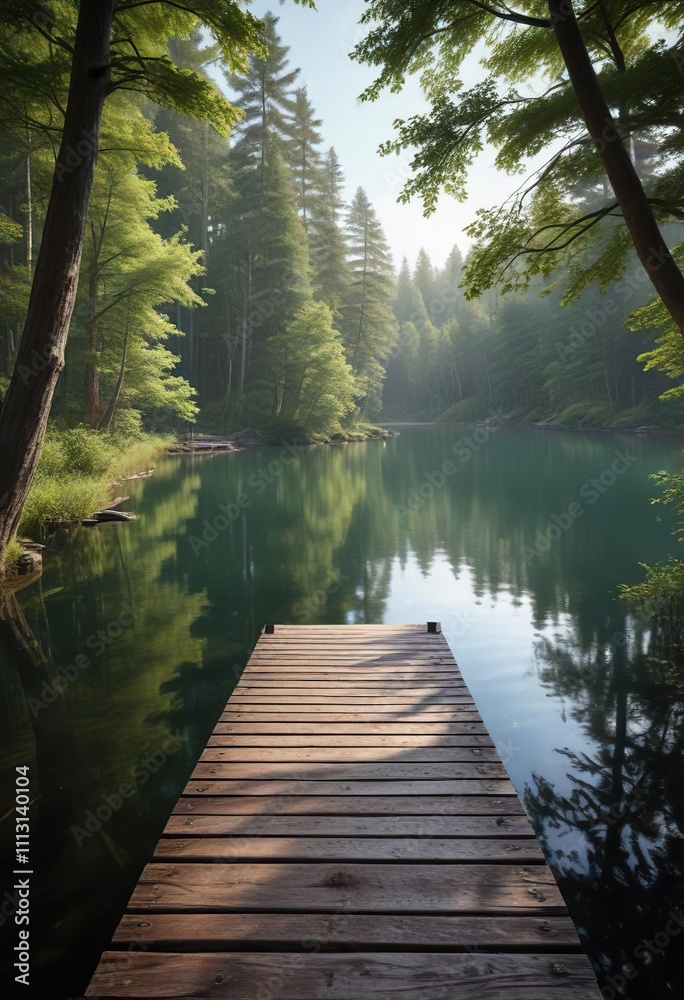 Quiet lake surrounded by tall trees and a wooden dock, peaceful atmosphere, outdoor scene, nature's calmness Quiet lake surrounded by tall trees and a wooden dock, peaceful atmosphere, outdoor scene, nature's calmness