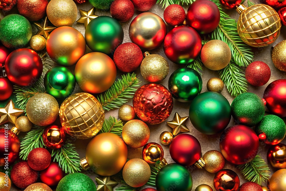 Colorful Christmas baubles and fir branches on a beige background. Colorful Christmas baubles and fir branches on a beige background.