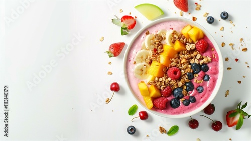 Photorealistic and finely detailed image of a smoothie bowl with assorted fresh fruits and granola 