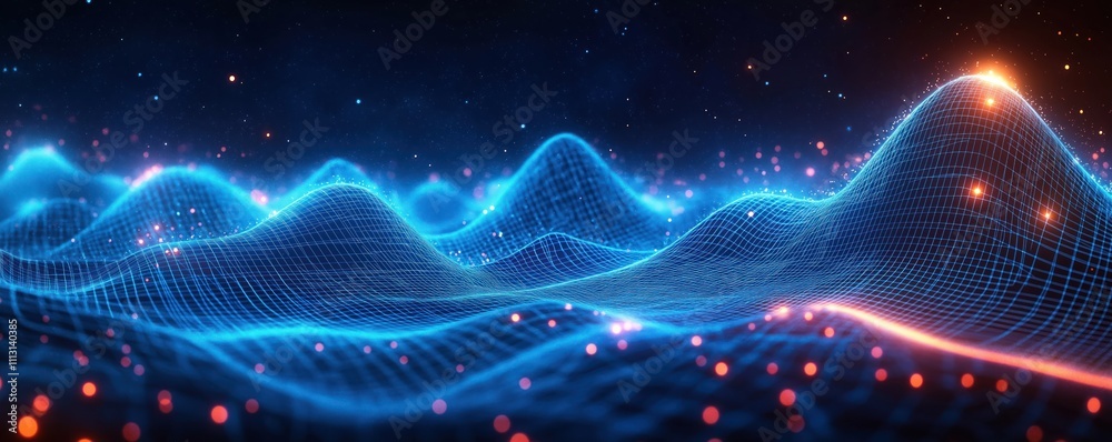 Abstract digital wave pattern. Network grid effect and glowing points. Shows data flow or tech future. Futuristic illustration. Ideal for tech presentations or graphic design. Abstract digital wave pattern. Network grid effect and glowing points. Shows data flow or tech future. Futuristic illustration. Ideal for tech presentations or graphic design.