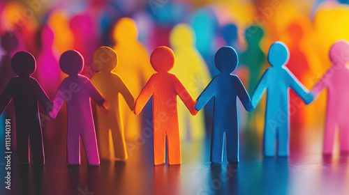 Colorful paper people holding hands in the shape of an abstract human silhouette on a colorful background
