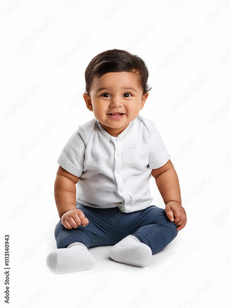 Cute baby smiling while sitting isolated on white background with clipping path and full depth of field Cute baby smiling while sitting isolated on white background with clipping path and full depth of field