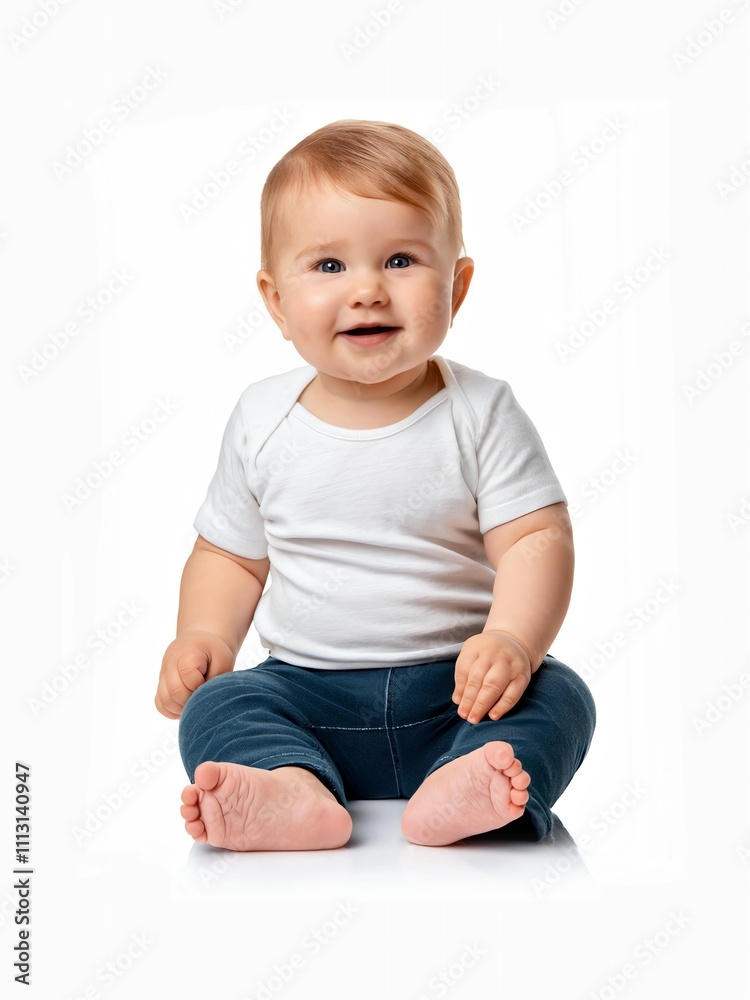 Cute baby smiling while sitting isolated on white background with clipping path and full depth of field Cute baby smiling while sitting isolated on white background with clipping path and full depth of field