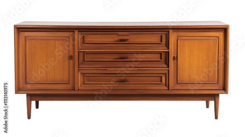 Mid-century modern wooden sideboard with two doors and three drawers.