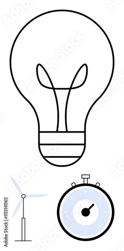 Lightbulb wind turbine and stopwatch emphasizing renewable energy time efficiency, eco-friendliness, innovation, sustainability, technology, productivity. Ideal for energy, environment, innovation