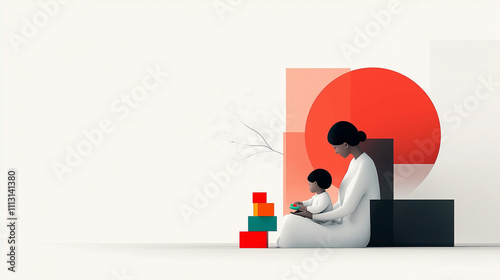 A minimalist illustration of a mother and child playing with colorful blocks, set against a bold red circular backdrop and neutral tones, symbolizing nurturing care, connection, and modern family life photo