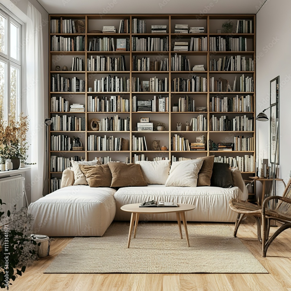 Modern luxury living room with floor to ceiling book shelves Modern luxury living room with floor to ceiling book shelves