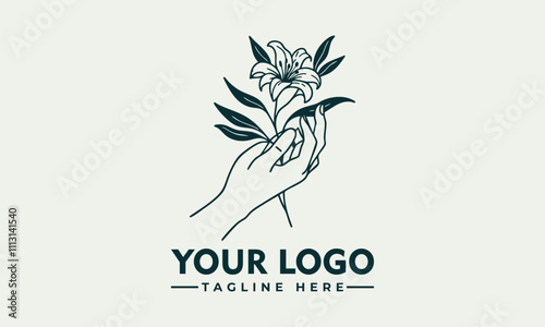 Hand holding lily flower vector logo, symbolizing grace and beauty. Invokes feelings of peace, tranquility, and nature. Ideal for floral designs and wellness concepts