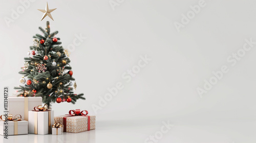 a charming christmas tree with hand made ornaments on white abstract background