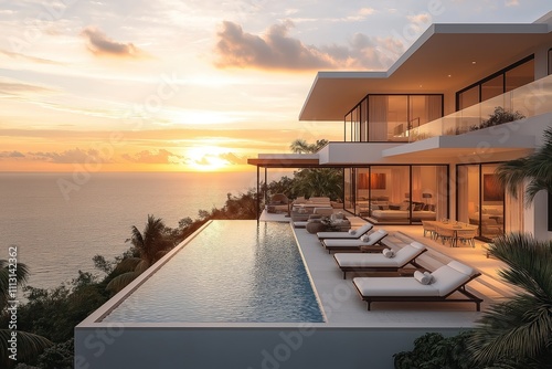 Luxury beachfront villa with infinity pool. Modern white villa large windows. Relaxing atmosphere, enjoying sunset over calm turquoise sea. Vacation home hotel, featuring private infinity pool on