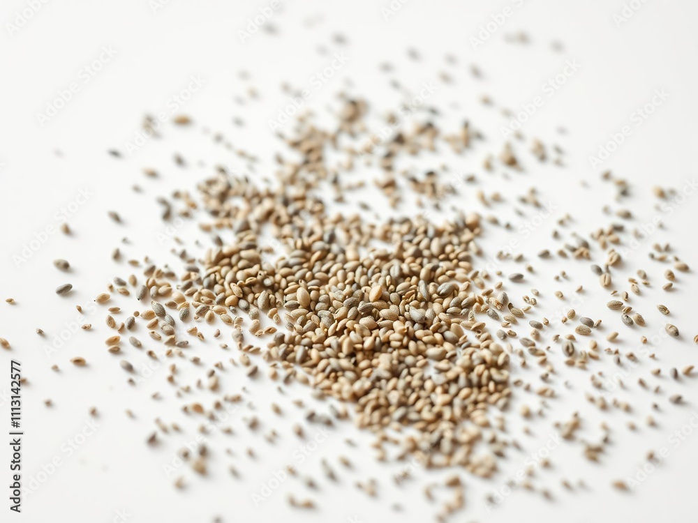 Tiny chia seeds scattered on white surface with soft focus, , small chia seeds, edible seeds Tiny chia seeds scattered on white surface with soft focus, , small chia seeds, edible seeds