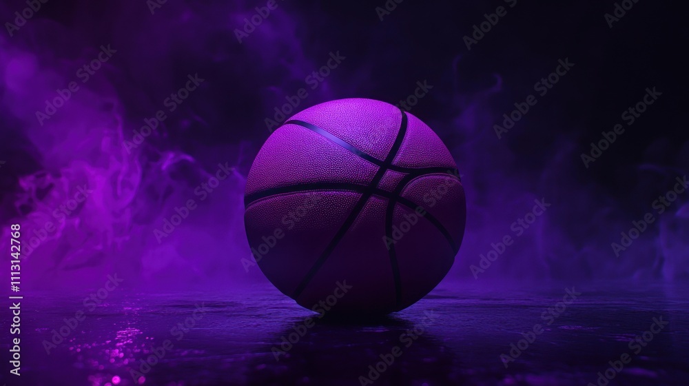A basketball, placed in an environment that gives off dark and cold colors, illuminated by purple light, creating a mysterious atmosphere. A basketball, placed in an environment that gives off dark and cold colors, illuminated by purple light, creating a mysterious atmosphere.