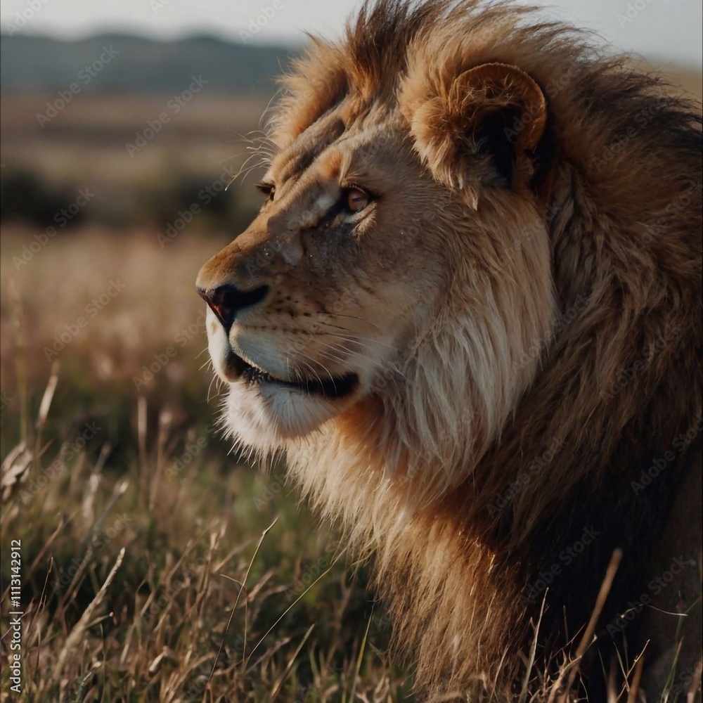 Portrait of a lion, an African predator of the feline family of mammals. The animal is large with a thick mane. Portrait of a lion, an African predator of the feline family of mammals. The animal is large with a thick mane.