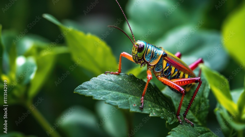 Naklejka premium Vibrant colorful grasshopper perched on a green leaf in a lush, tropical setting.