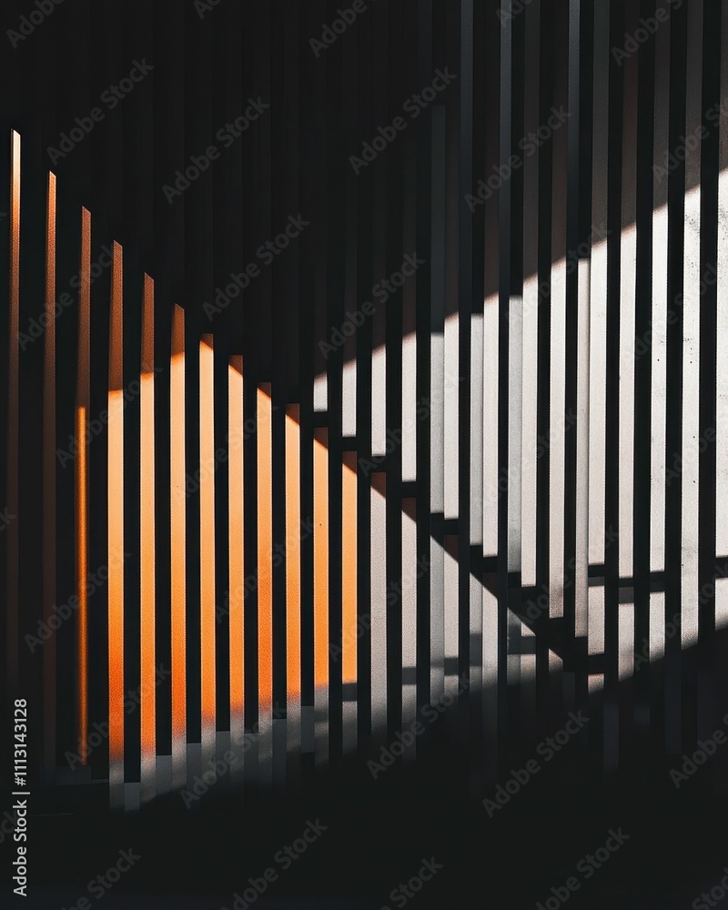 Fototapeta premium Light illuminates vertical slats, creating shadows and color variations.