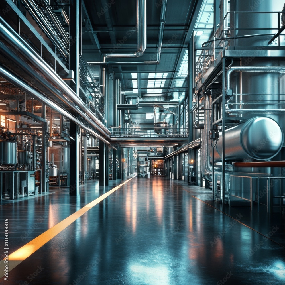 Modern Industrial Interior with Metallic Pipes and Equipment Modern Industrial Interior with Metallic Pipes and Equipment