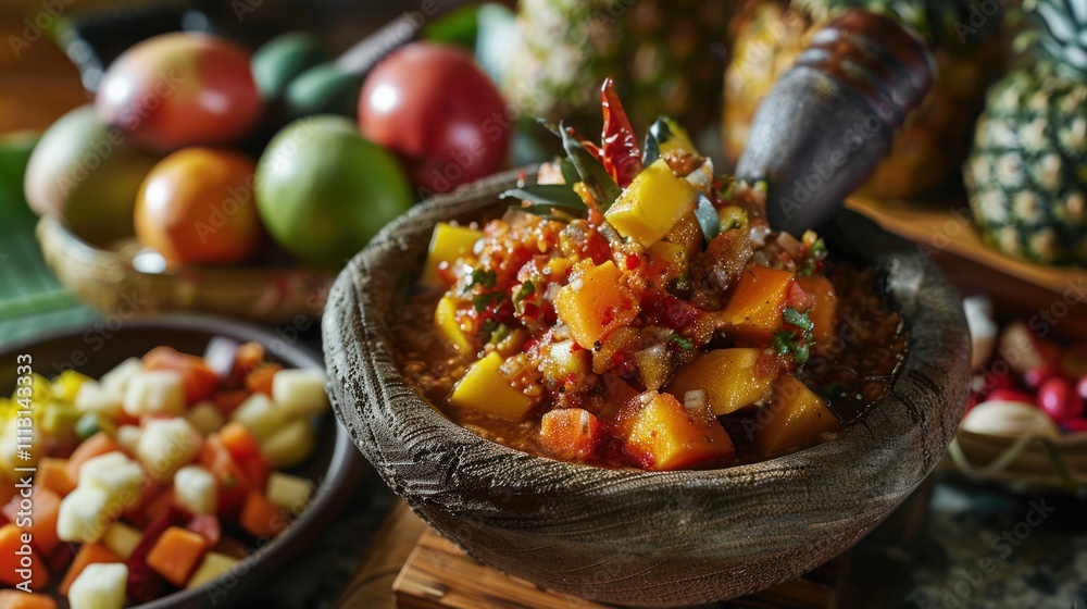 A vibrant fruit and vegetable salad in a rustic bowl, mixed with chili and spices, surrounded by fresh tropical fruits, showcasing a colorful and flavorful traditional dish. A vibrant fruit and vegetable salad in a rustic bowl, mixed with chili and spices, surrounded by fresh tropical fruits, showcasing a colorful and flavorful traditional dish.