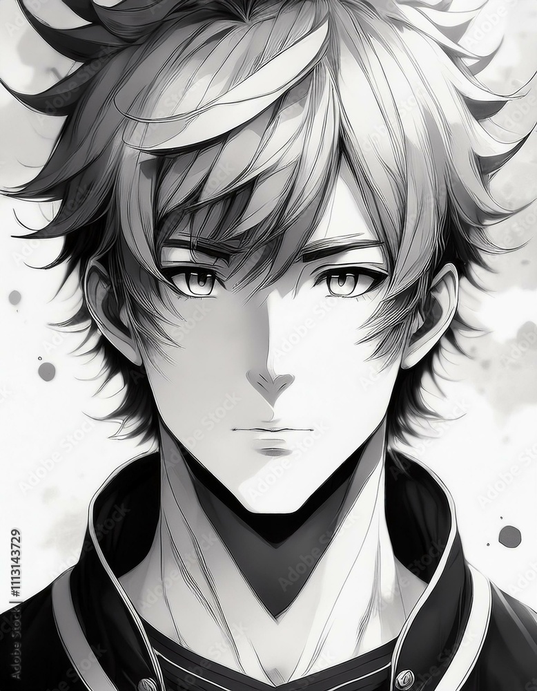 A youthful anime character with a striking monochrome aesthetic, featuring a strong and defined facial structure, sleek black hair, and an expression that exudes quiet confidence. A youthful anime character with a striking monochrome aesthetic, featuring a strong and defined facial structure, sleek black hair, and an expression that exudes quiet confidence.